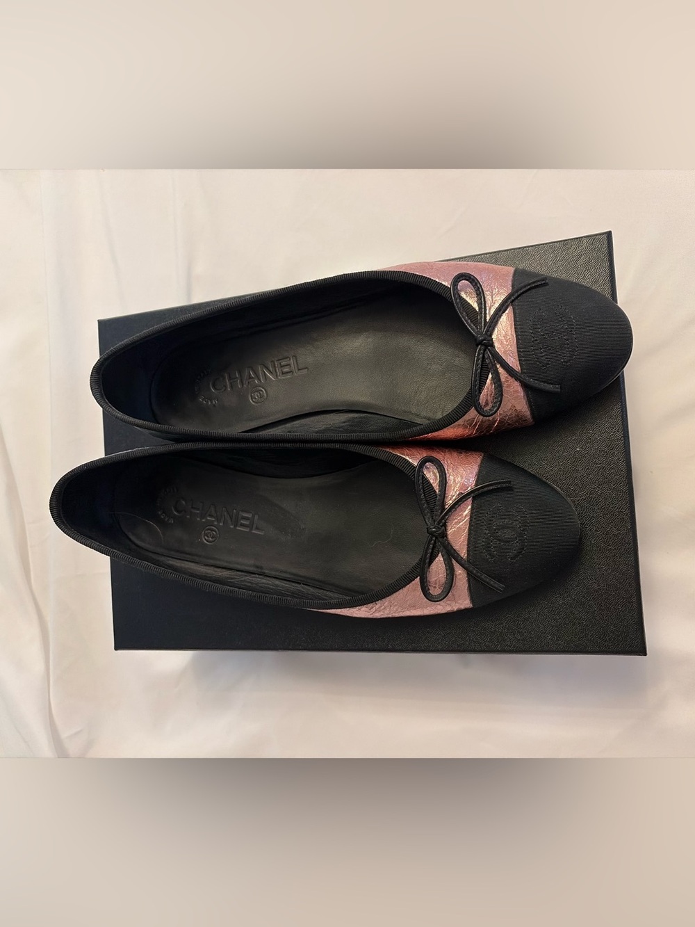 CHANEL Pink Metallic and Black Cap-Toe Ballet Flats - Picture 3 of 4